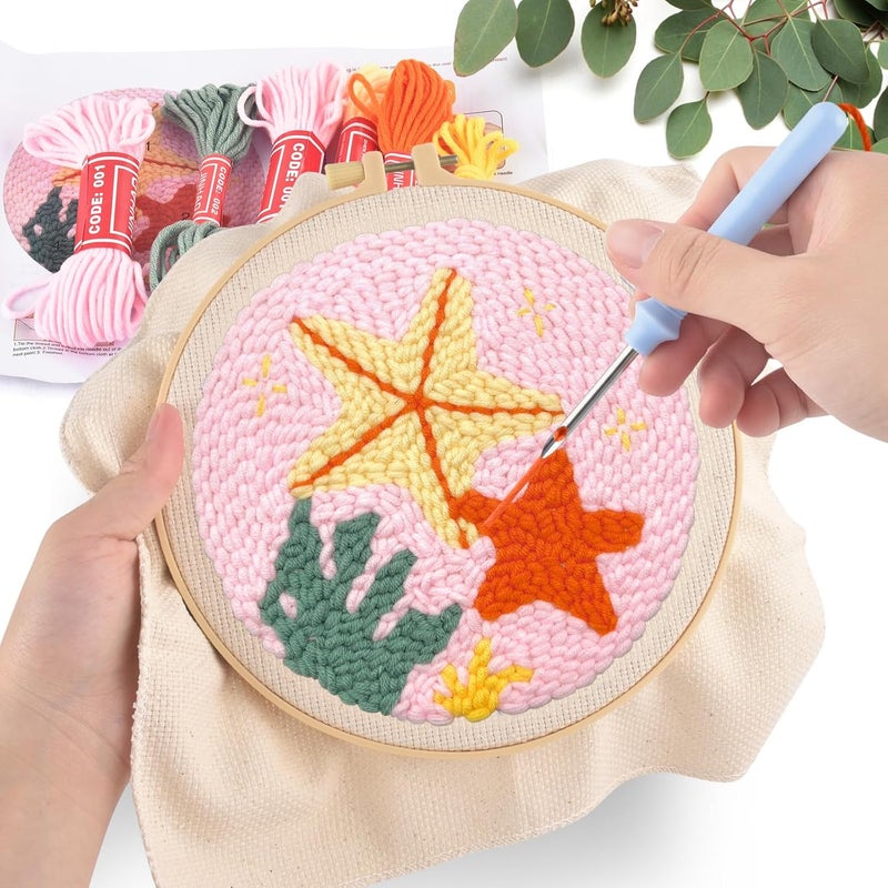 ERKOON Punch Needle Kit Adults Beginners, DIY Easy Sea Animals Embroidery Set for Starter Art Craft, Needling Punch Project with Patterns, Tools, Yarns, Hoop, Instruction (Starfish) - Image 5